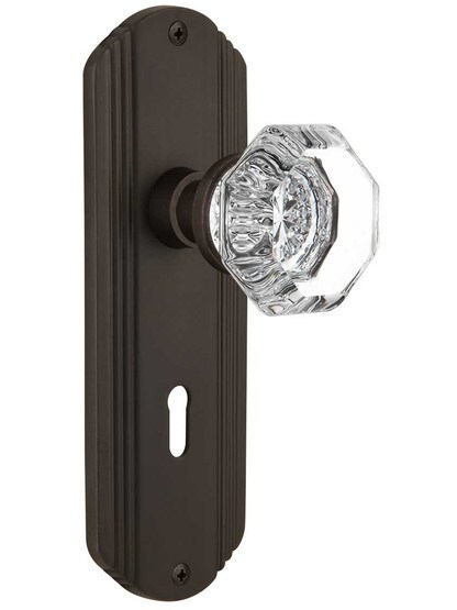 Streamline Moderne Mortise Lock Set With Waldorf Crystal Knobs in Oil-Rubbed Bronze.